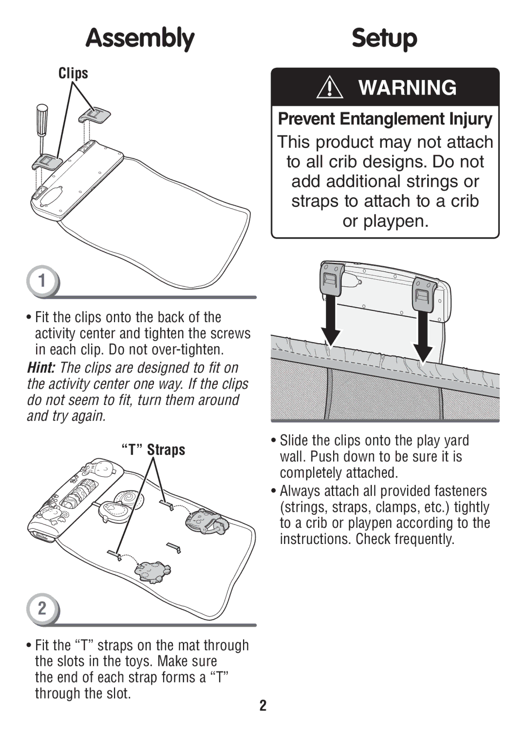 Fisher-Price W3131 instruction sheet AssemblySetup, Clips, Straps, End of each strap forms a T through the slot 