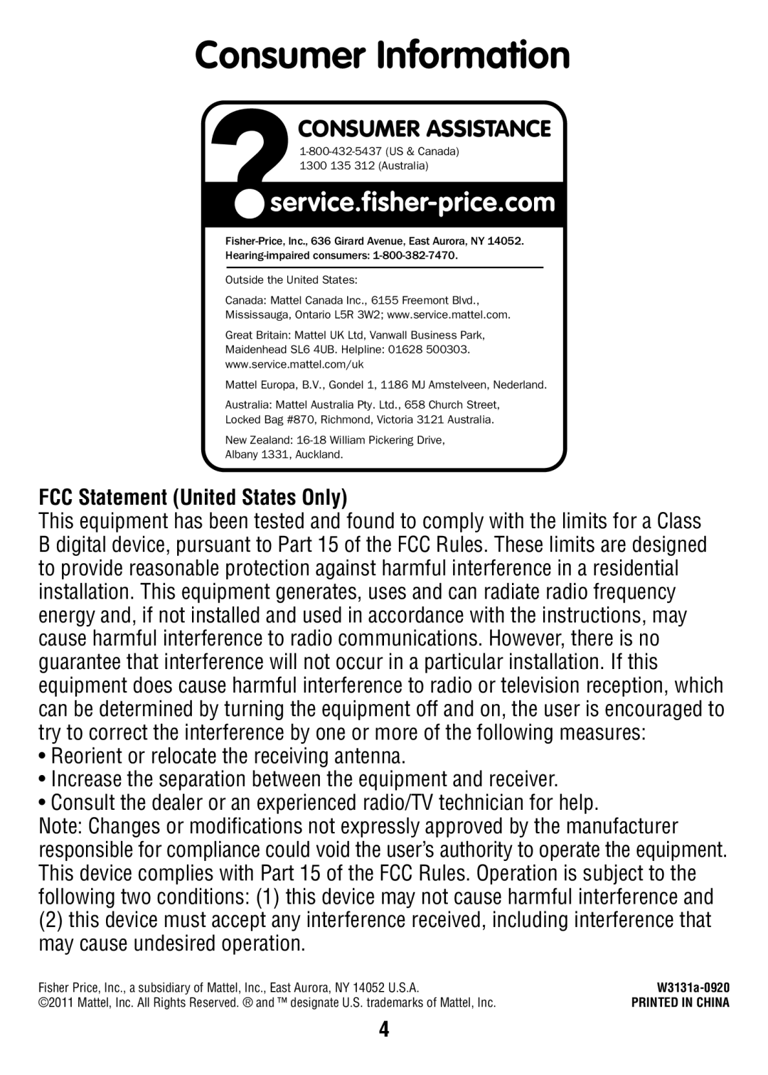 Fisher-Price W3131 instruction sheet Consumer Information, FCC Statement United States Only 