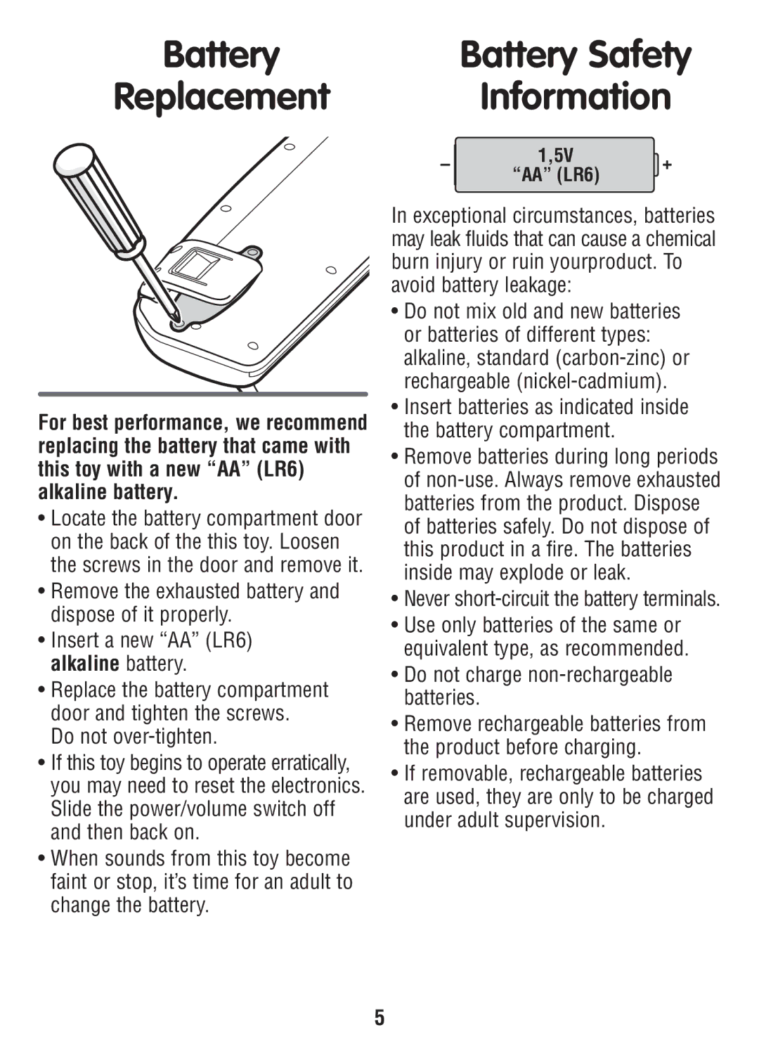 Fisher-Price W3131 instruction sheet Battery Replacement, Battery Safety Information, Do not over-tighten 