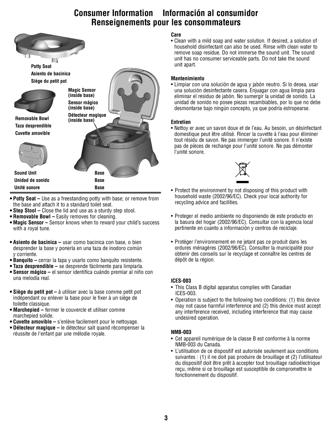 Fisher-Price W4119 manual Care, Mantenimiento, Entretien, ICES-003, NMB-003 