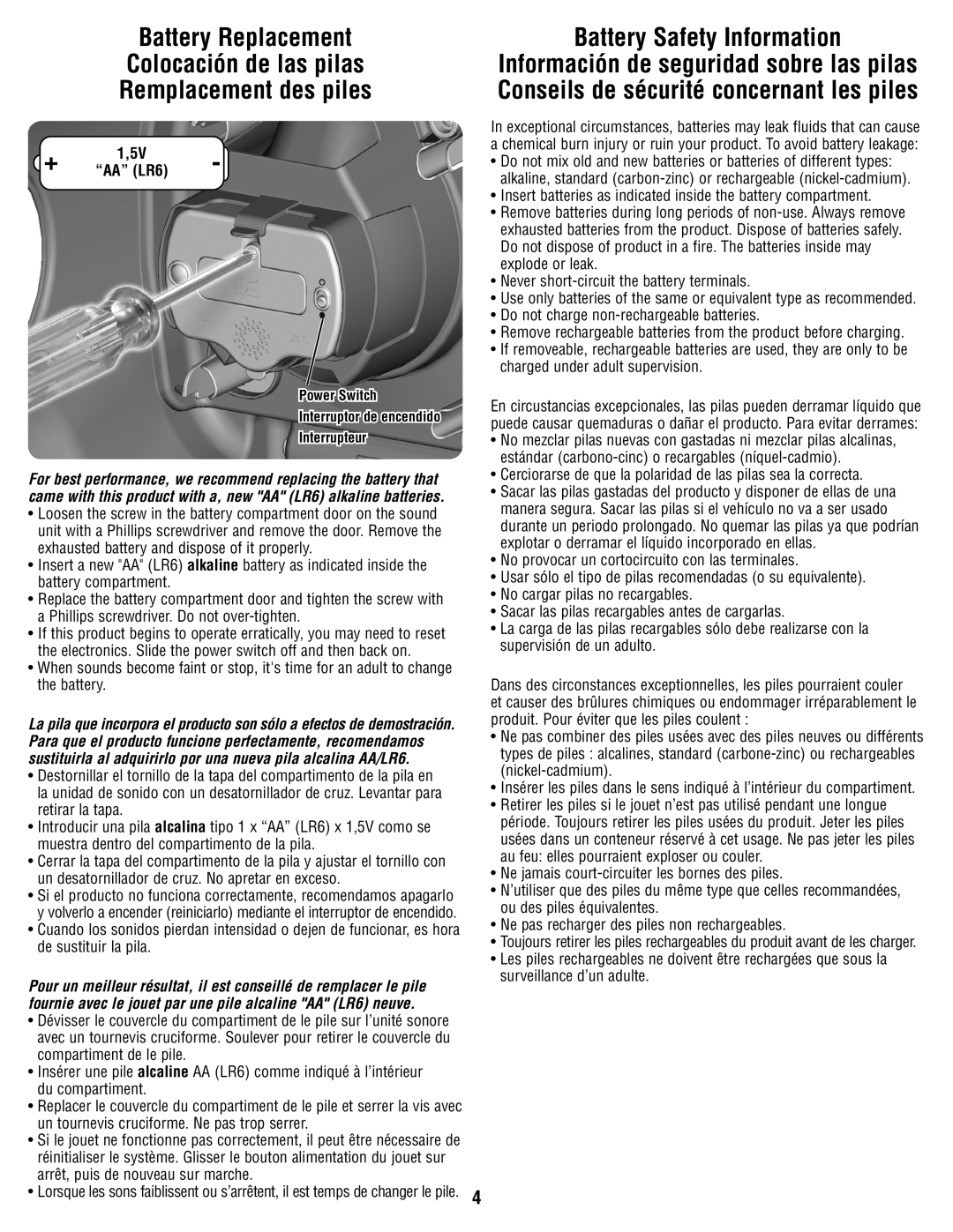 Fisher-Price W4119 manual Battery Safety Information, Conseils de sécurité concernant les piles, AA LR6 