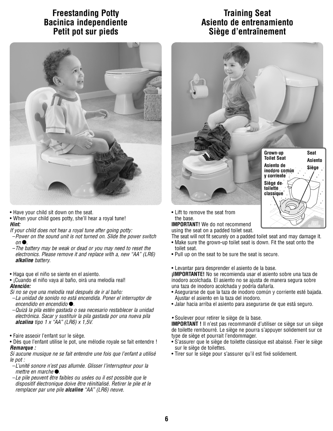 Fisher-Price W4119 manual Training Seat, Bacinica independiente, Petit pot sur pieds Siège d’entraînement 