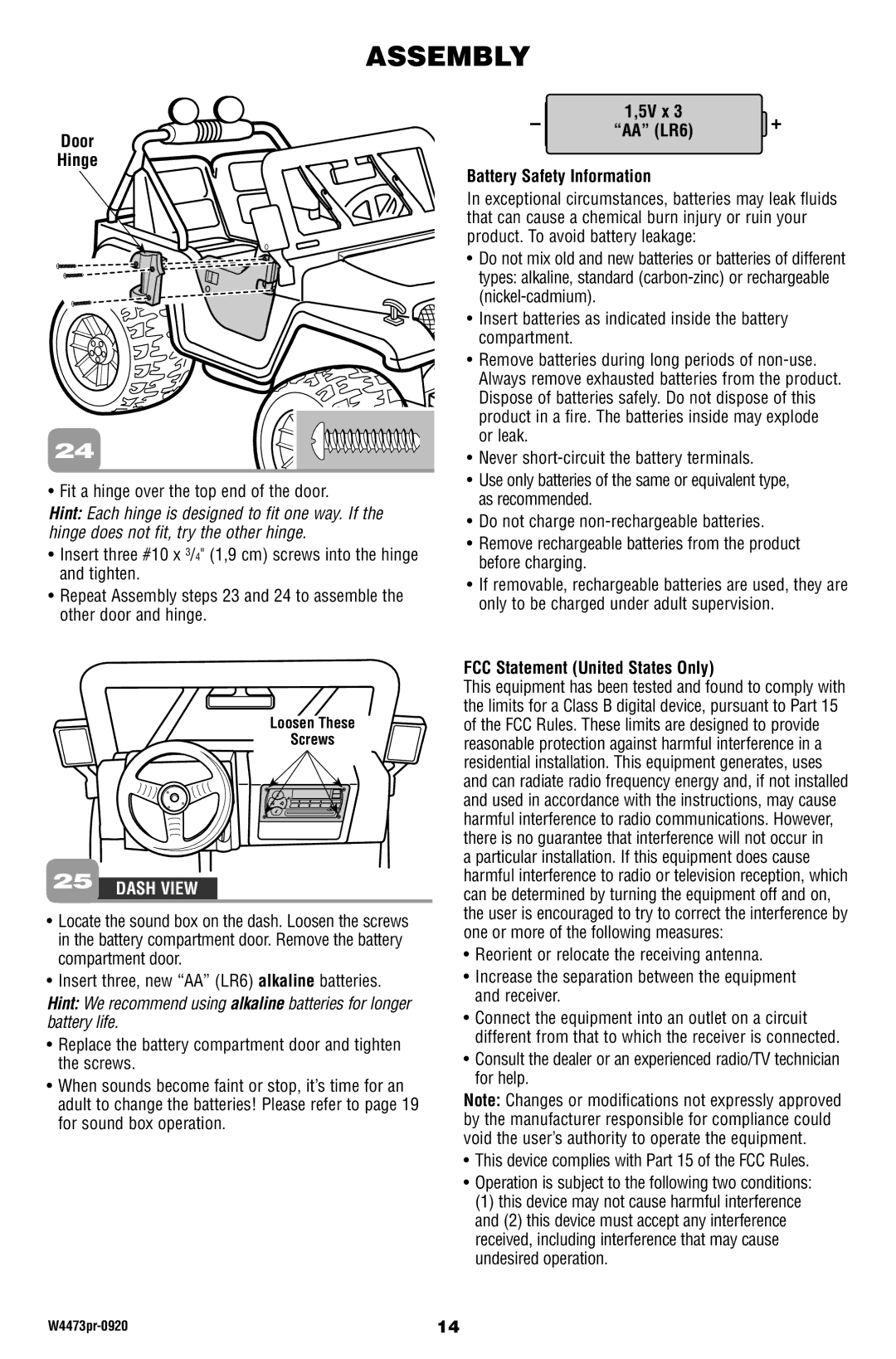 Fisher-Price W4473 owner manual Door Hinge, 5V x AA LR6 Battery Safety Information, FCC Statement United States Only 