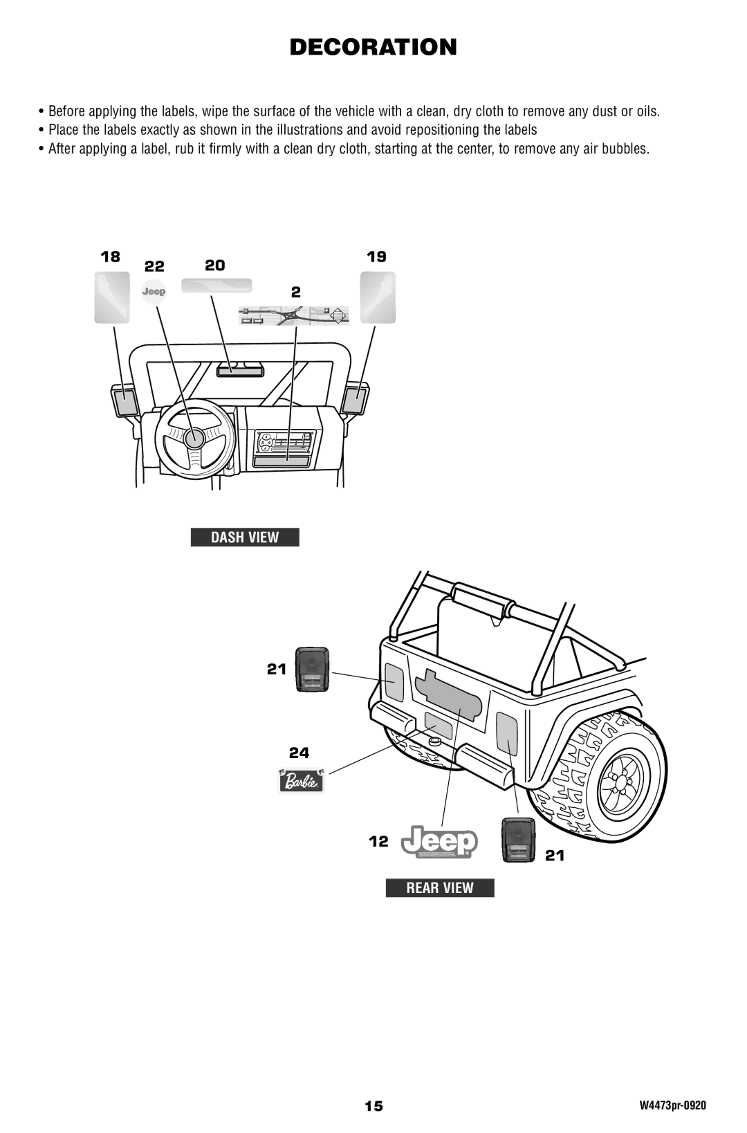 Fisher-Price W4473 owner manual Decoration, Dash View Rear View 