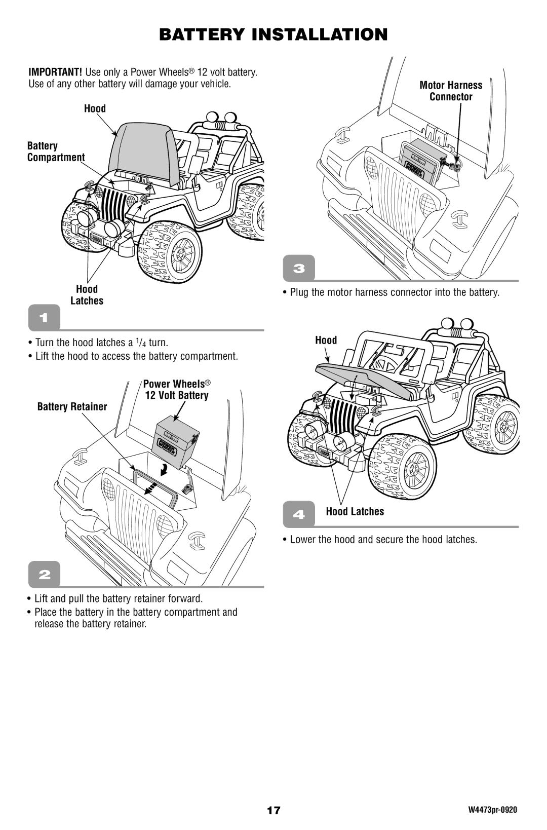 Fisher-Price W4473 Battery Installation, Hood Battery Compartment Motor Harness Connector Latches, Hood Hood Latches 