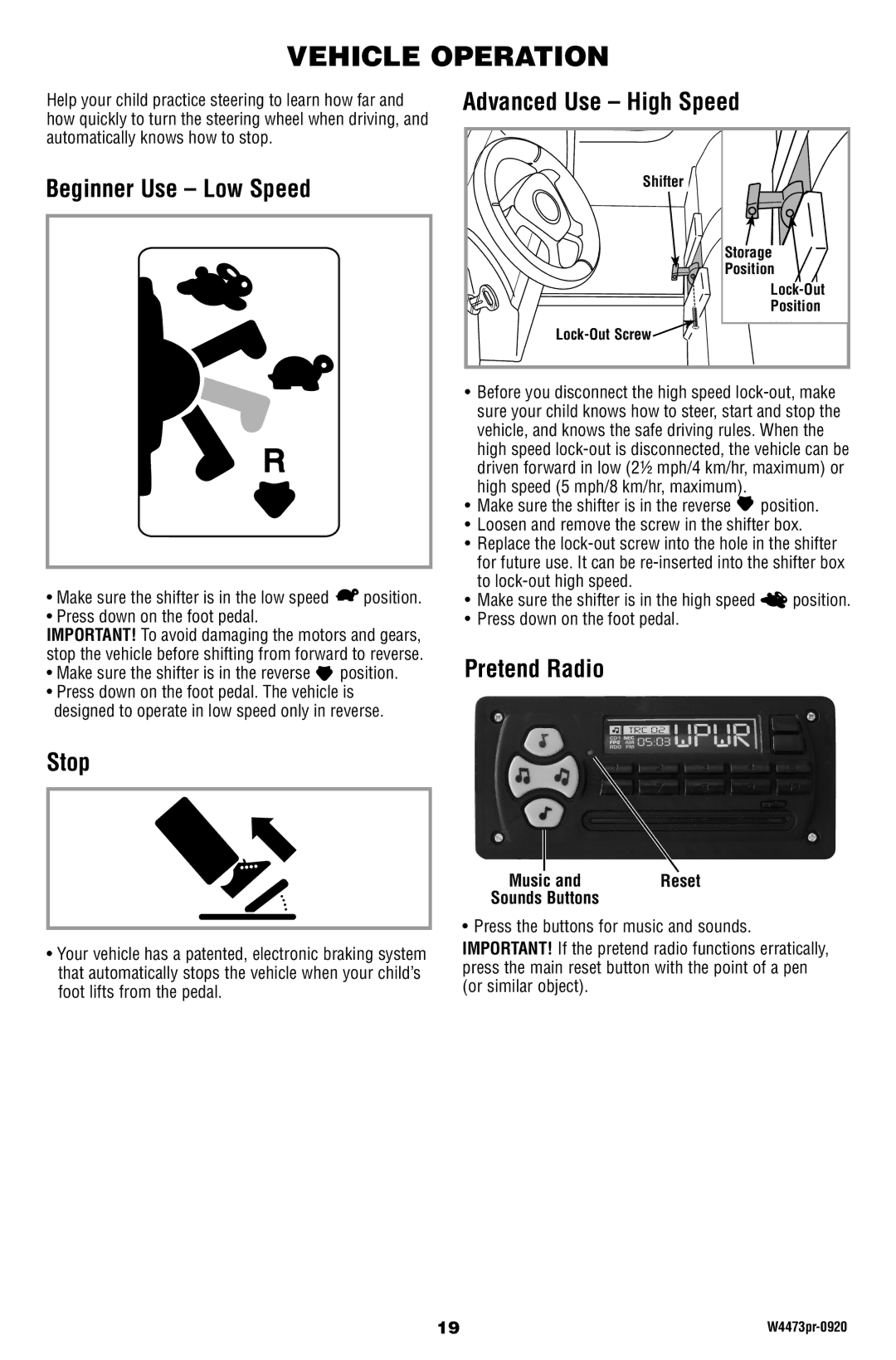 Fisher-Price W4473 owner manual Vehicle Operation, Shifter, Stora ge, Position, Lock-Out Screw 