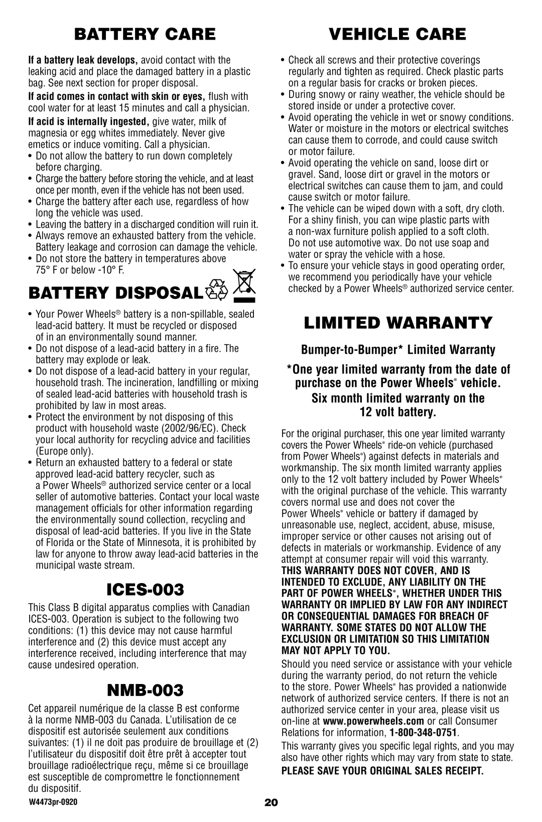 Fisher-Price W4473 owner manual Battery Care, Battery Disposal, Vehicle Care, Limited Warranty 