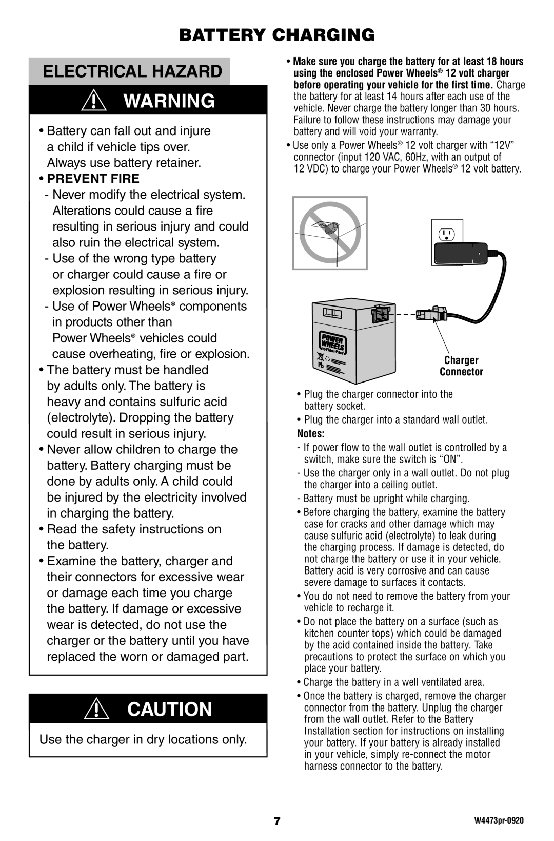 Fisher-Price W4473 owner manual Battery Charging Electrical Hazard, Charger Connector 