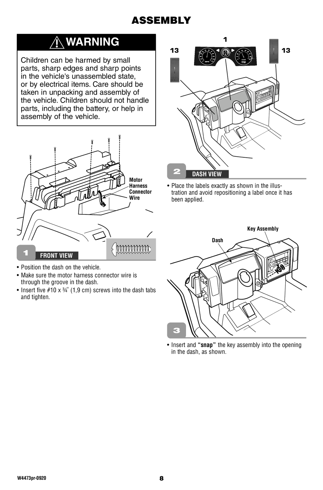 Fisher-Price W4473 owner manual Dash View, Motor Harness Connector Wire, Key Assembly Dash 