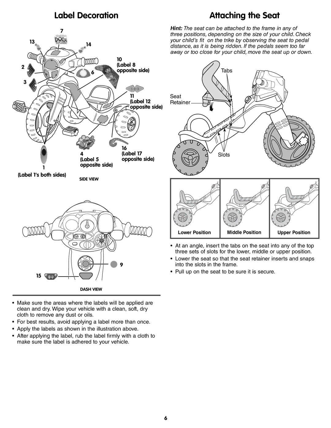 Fisher-Price W4695 instruction sheet Label Decoration, Attaching the Seat, Opposite side 