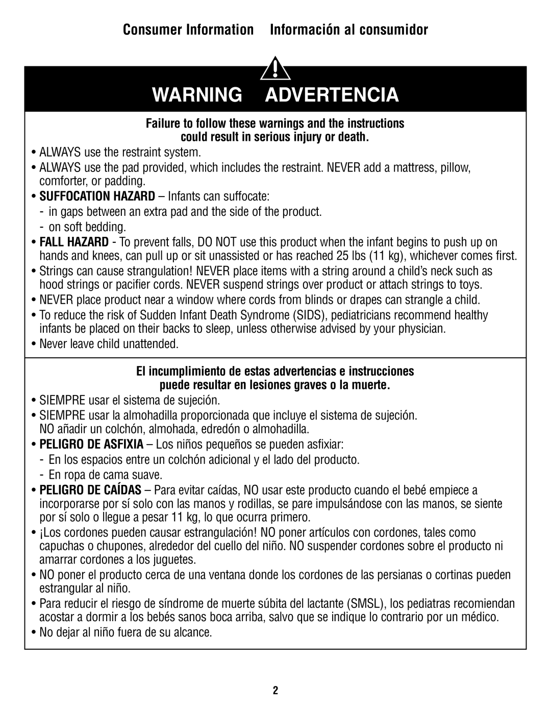 Fisher-Price W9443 manual Consumer Information Información al consumidor, Siempre usar el sistema de sujeción 