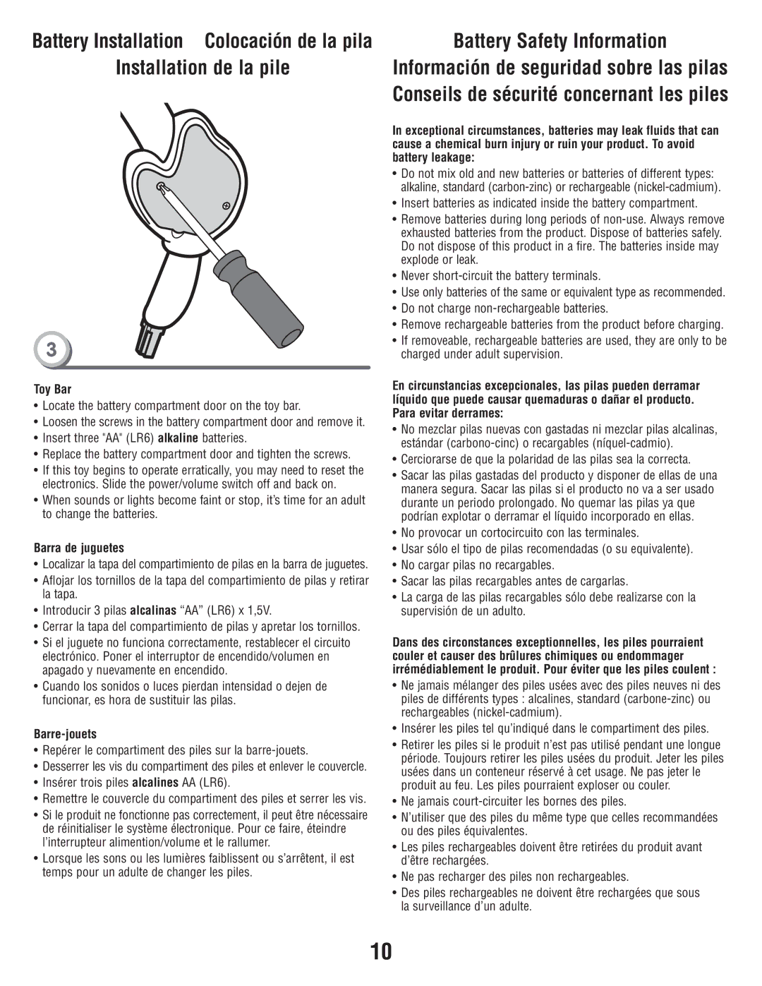 Fisher-Price W9458 manual Battery Safety Information, Toy Bar, Barra de juguetes, Barre-jouets 