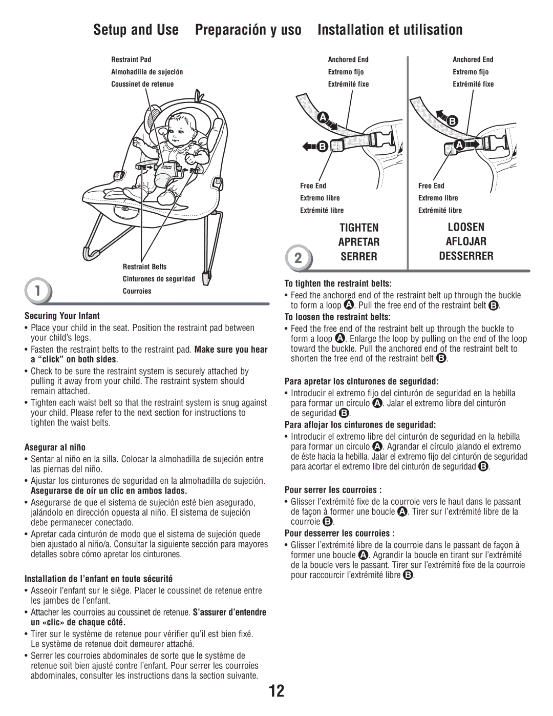 Fisher-Price W9458 manual Securing Your Infant, Asegurar al niño, Asegurarse de oír un clic en ambos lados 