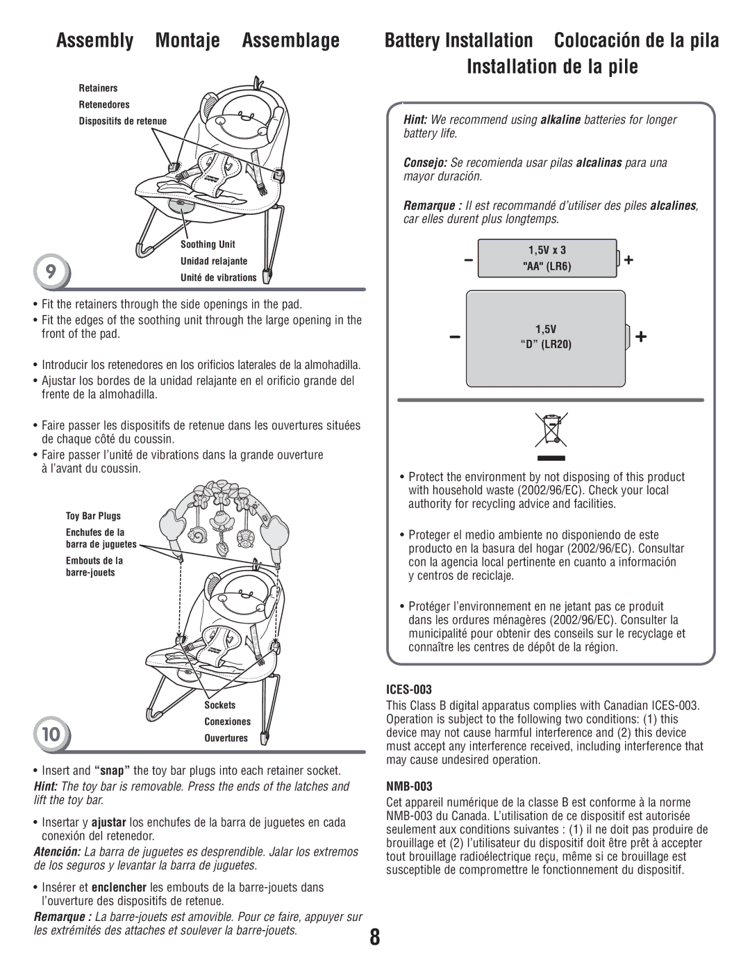 Fisher-Price W9458 manual Installation de la pile, ICES-003, NMB-003 