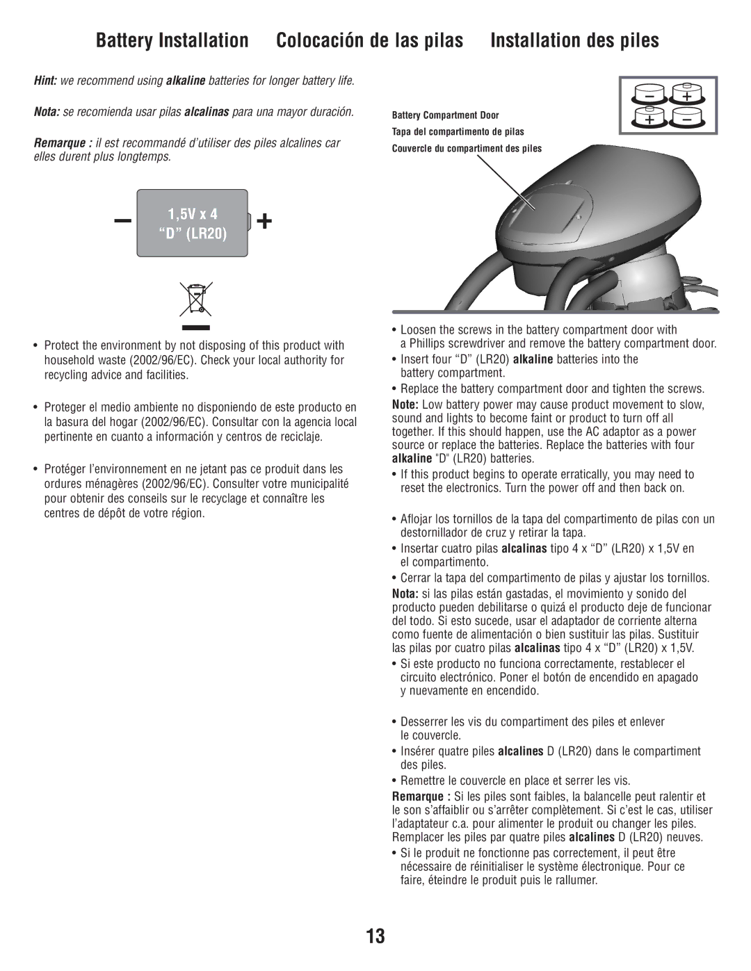 Fisher-Price W9510 quick start Battery Installation Colocación de las pilas, Installation des piles 