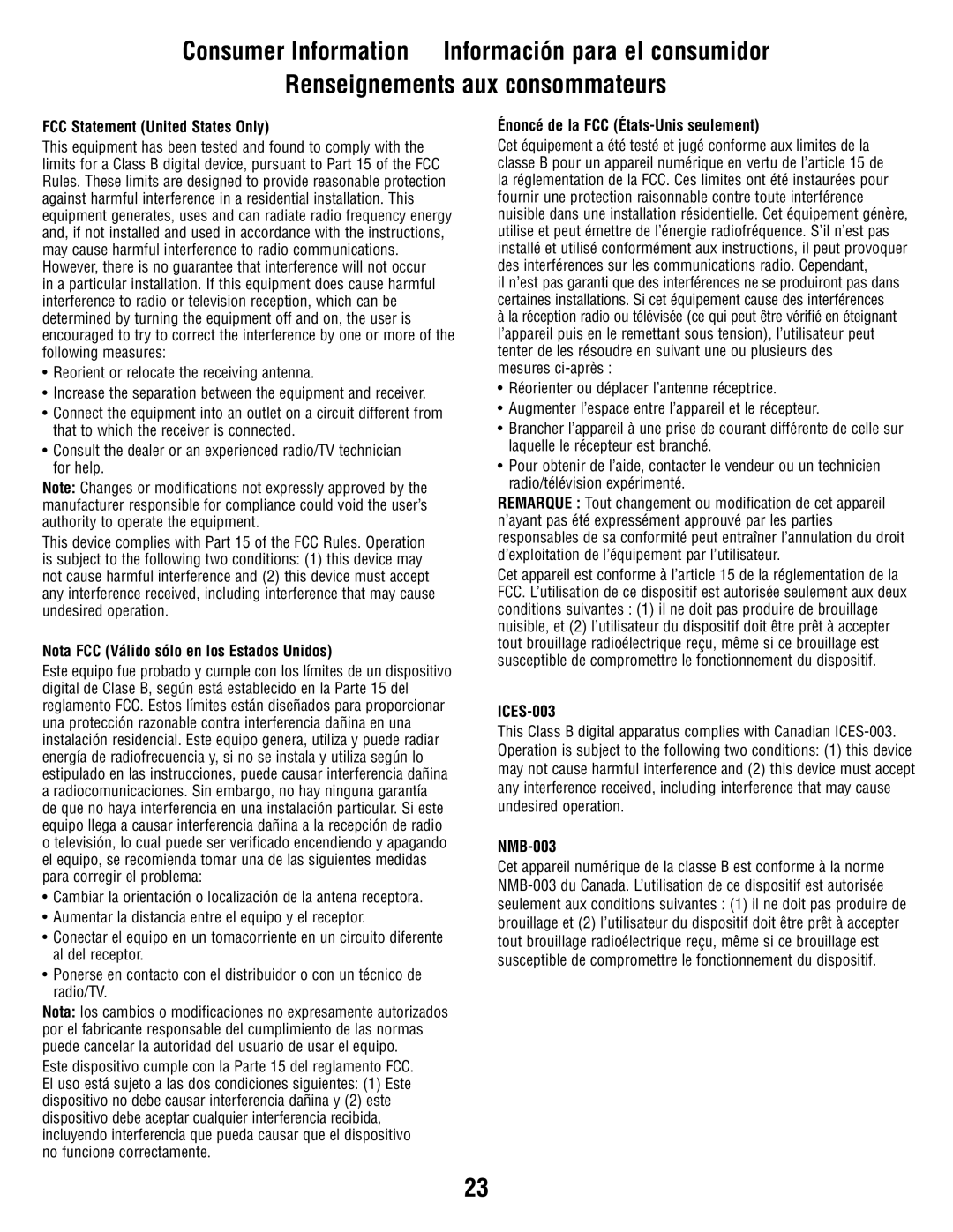 Fisher-Price W9510 FCC Statement United States Only, Nota FCC Válido sólo en los Estados Unidos, ICES-003, NMB-003 