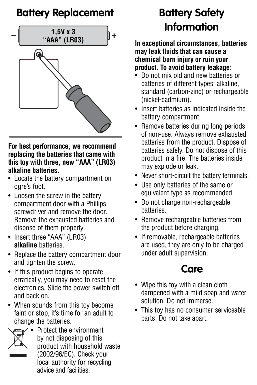 Fisher-Price W9555 instruction sheet Battery Replacement, Battery Safety Information, Care, 5V x AAA LR03 