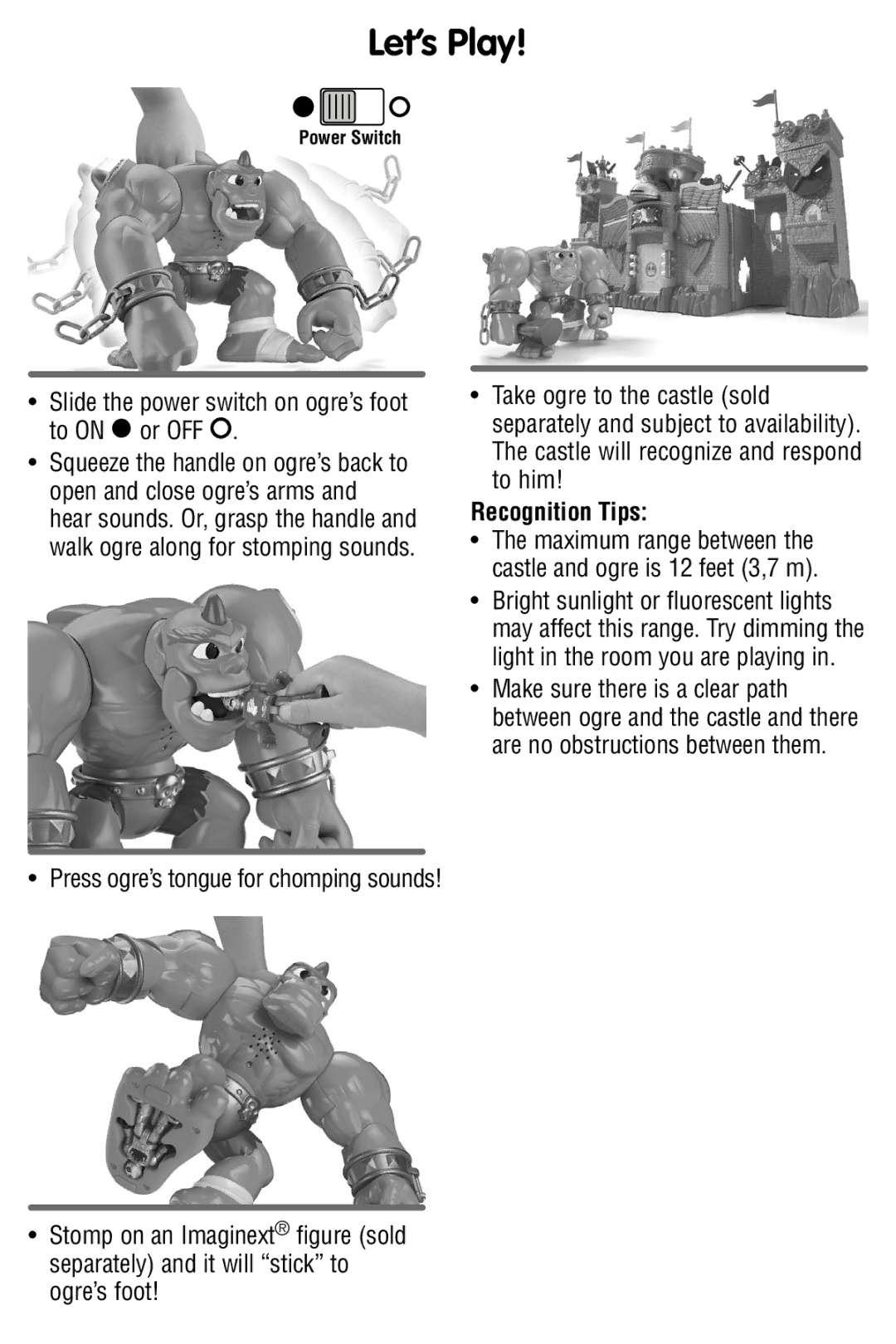 Fisher-Price W9555 instruction sheet Let’s Play, Slide the power switch on ogre’s foot to on or OFF, Recognition Tips 