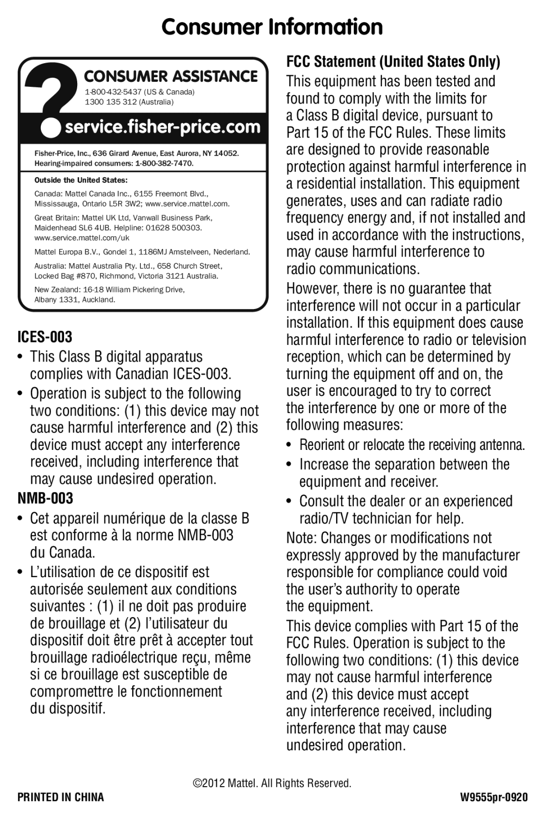 Fisher-Price W9555 instruction sheet Consumer Information, ICES-003, NMB-003 