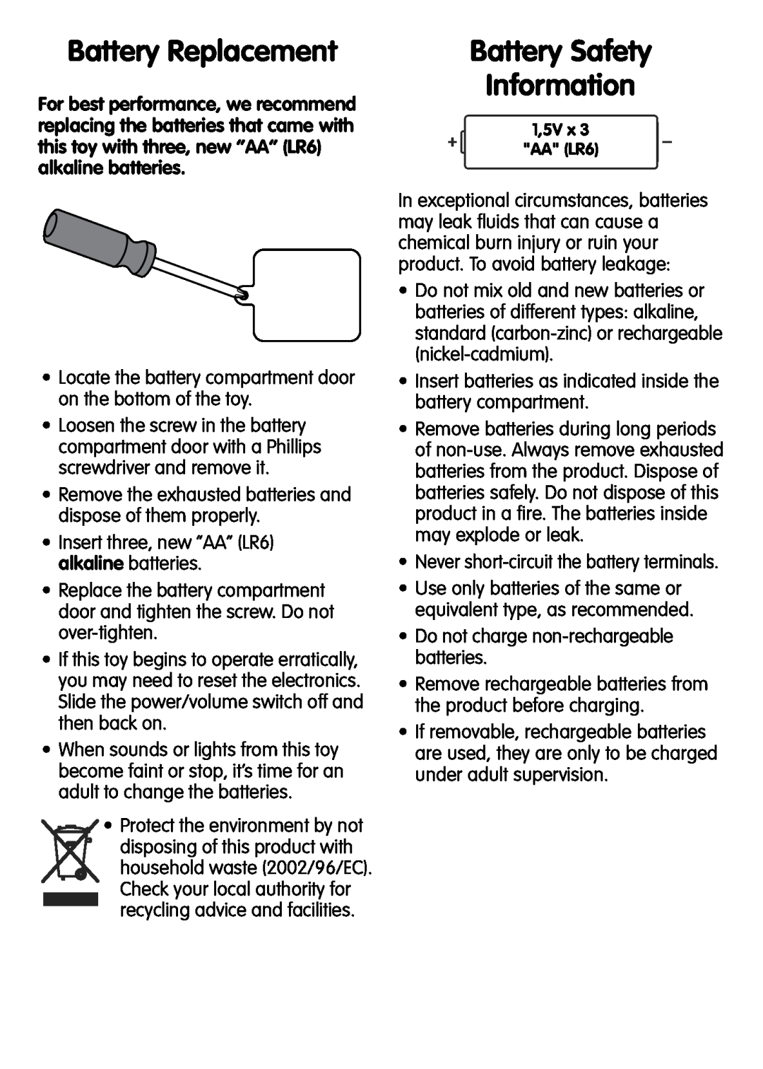 Fisher-Price W9732 instruction sheet Battery Replacement, Battery Safety Information 