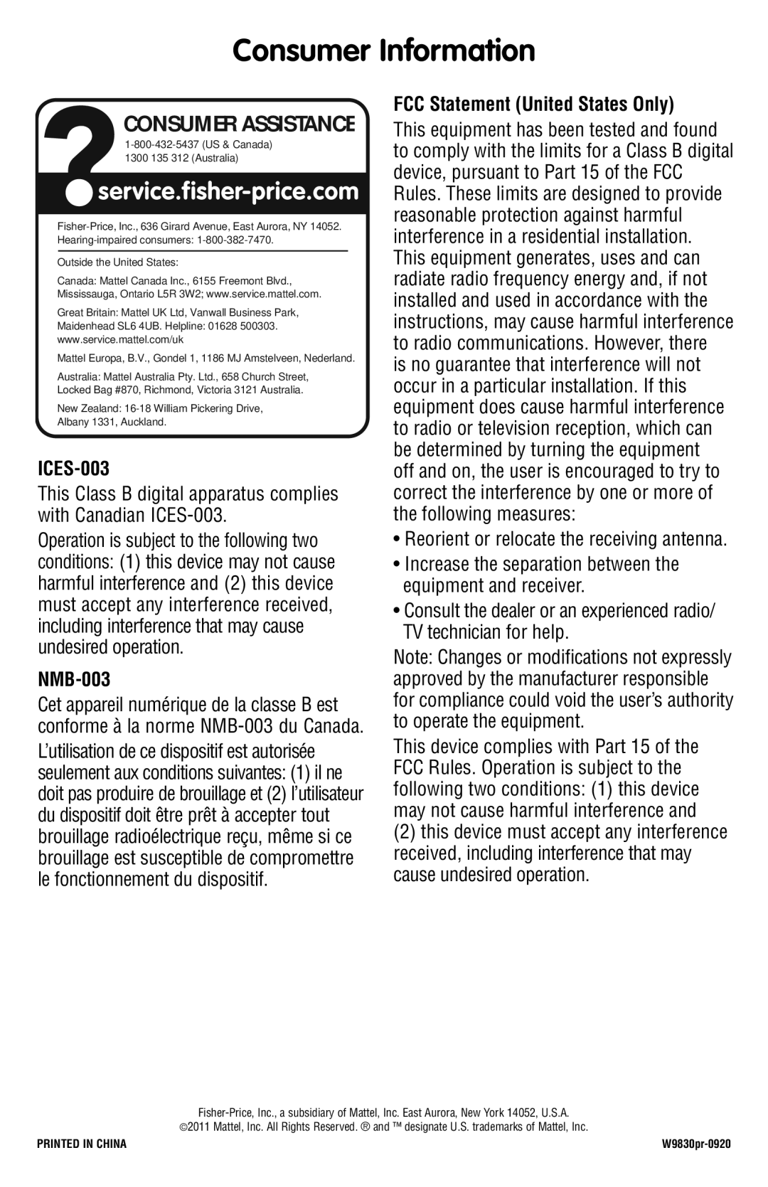 Fisher-Price W9830 instruction sheet Consumer Information, Consumer Assistance 