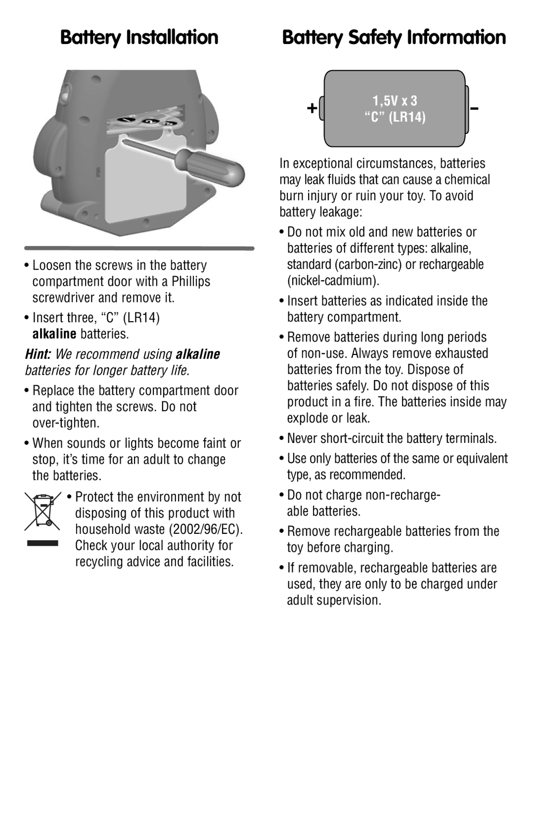 Fisher-Price W9893 instruction sheet Battery Installation, Battery Safety Information 