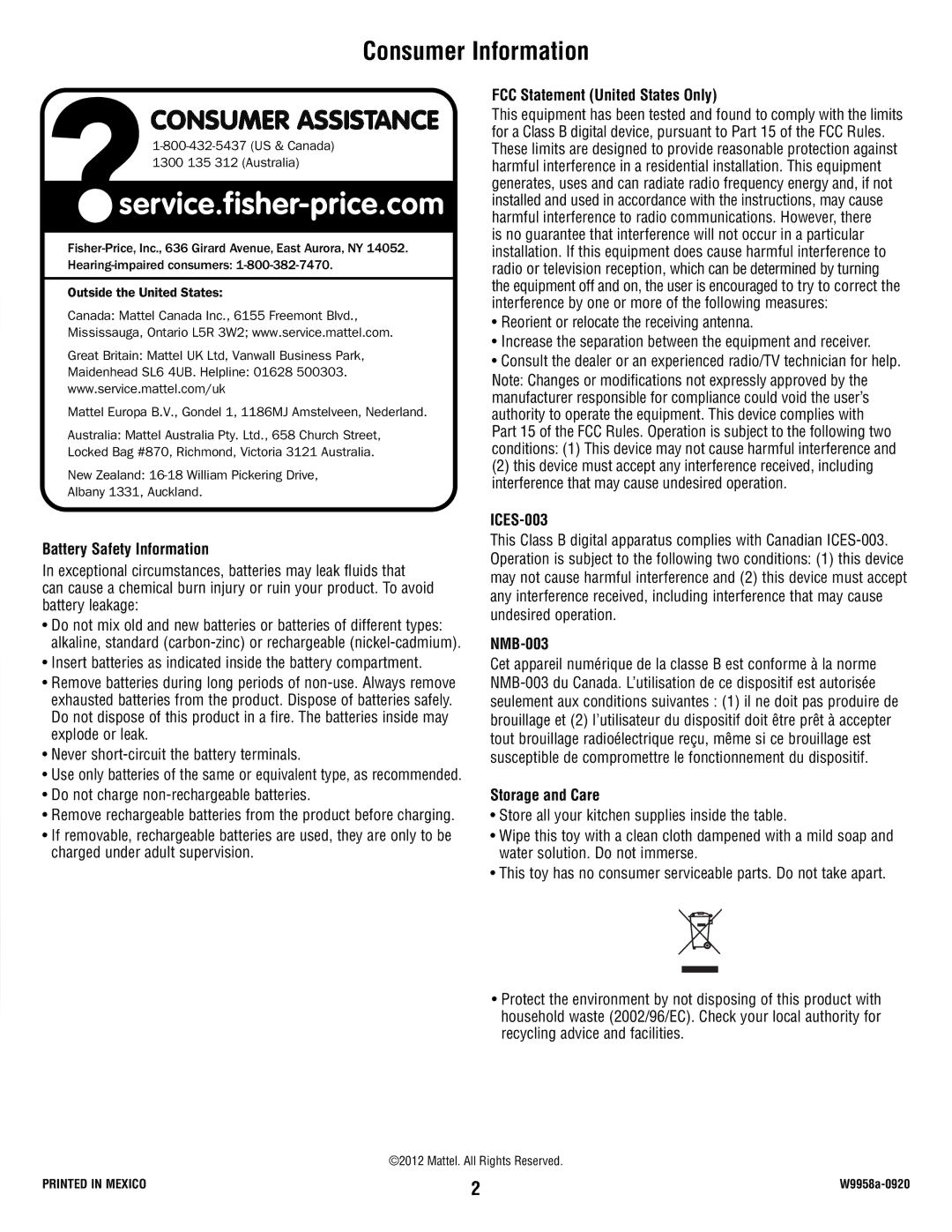 Fisher-Price W9958 instruction sheet Consumer Information 