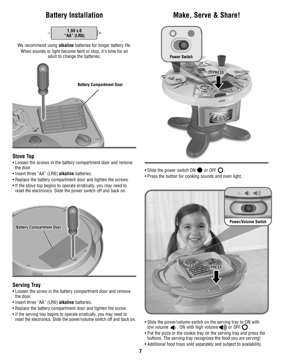 Fisher-Price W9958 instruction sheet Battery Installation, Stove Top, Serving Tray, 5V x AA LR6 