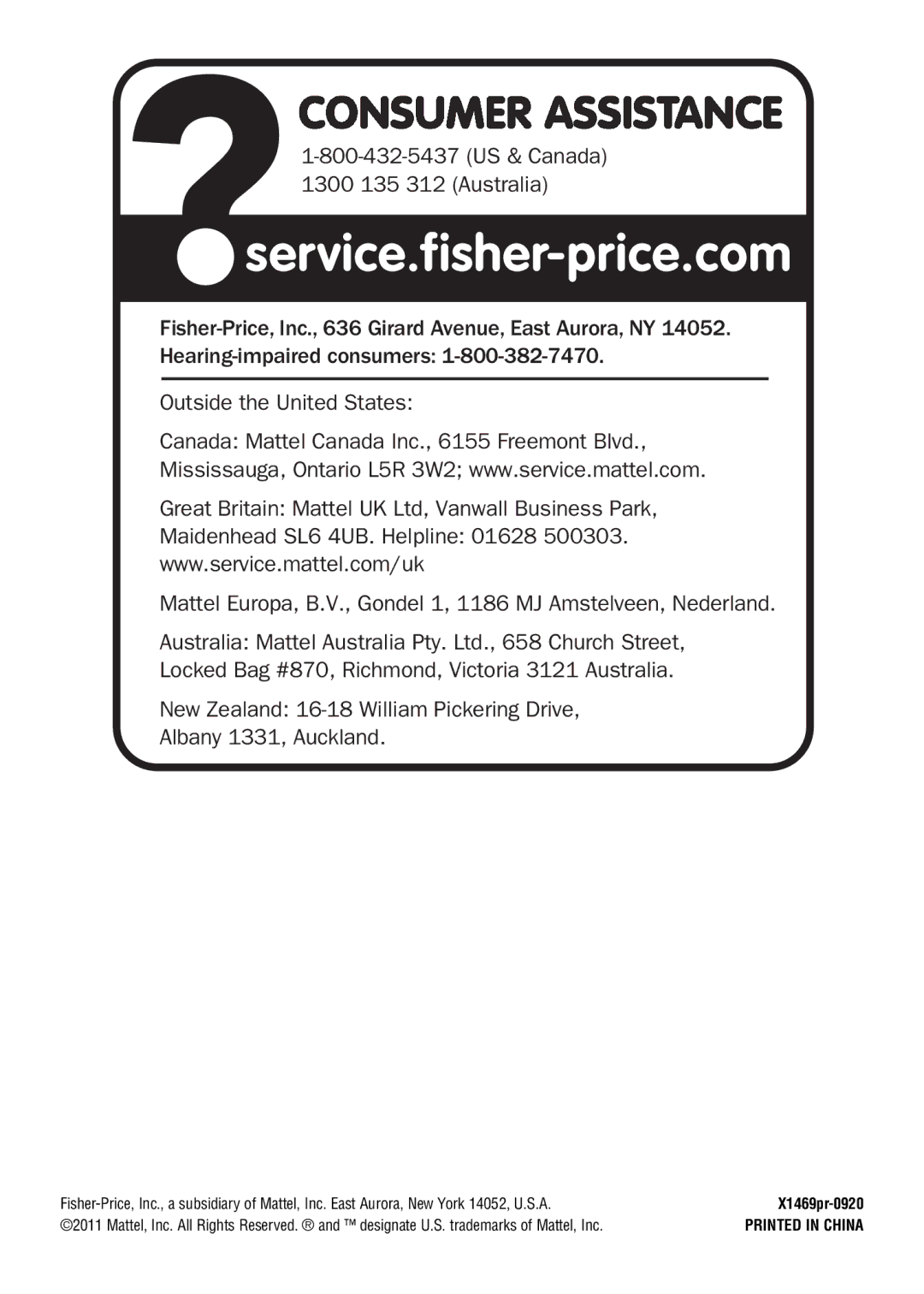 Fisher-Price X14969 instruction sheet X1469pr-0920 