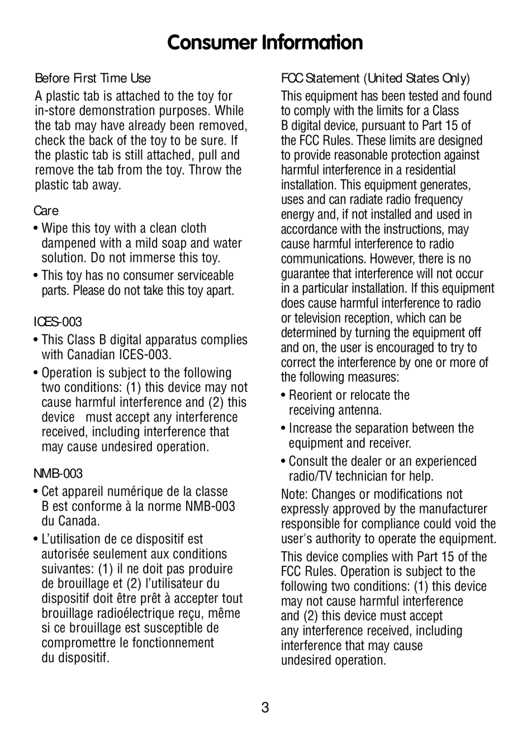 Fisher-Price X14969 instruction sheet Consumer Information 