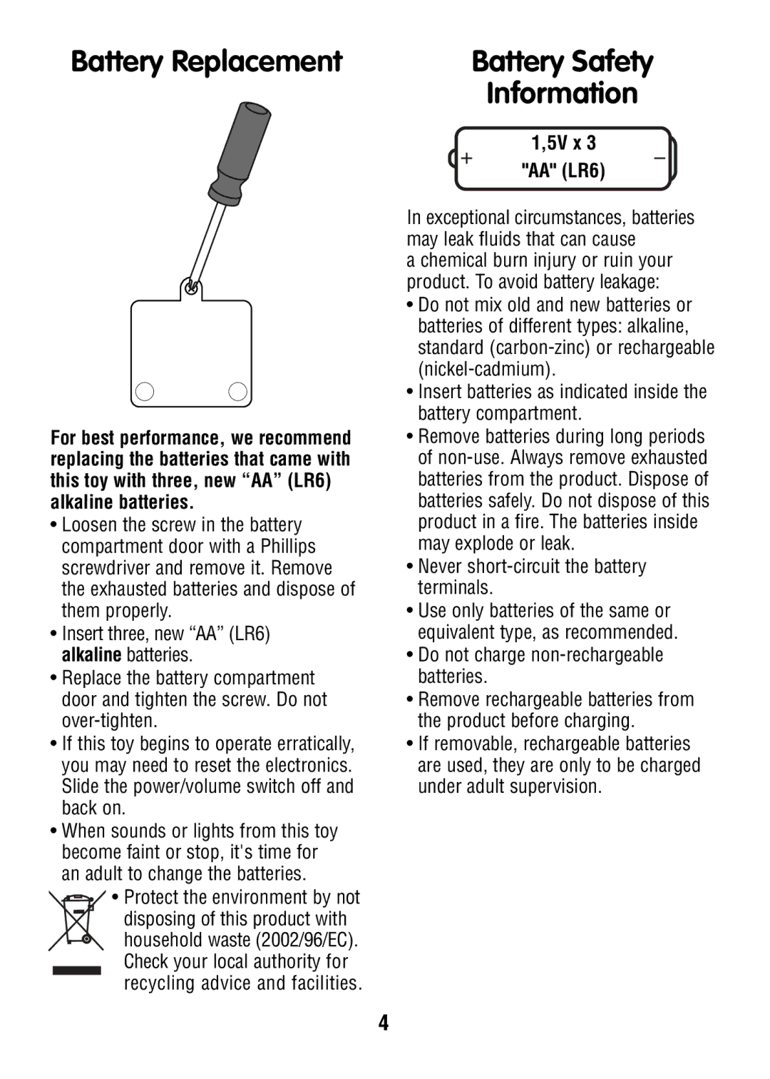 Fisher-Price X14969 instruction sheet Battery Replacement, Battery Safety Information, 5V x AA LR6 