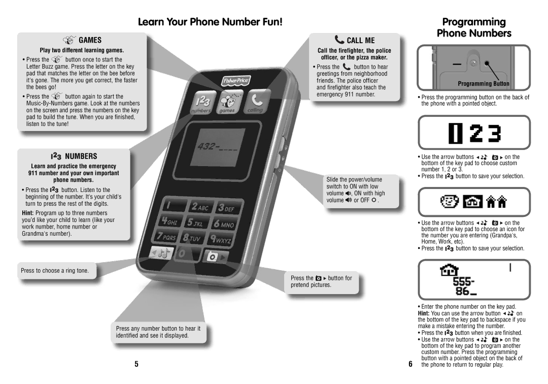 Fisher-Price X14969 instruction sheet Learn Your Phone Number Fun, Programming Phone Numbers 