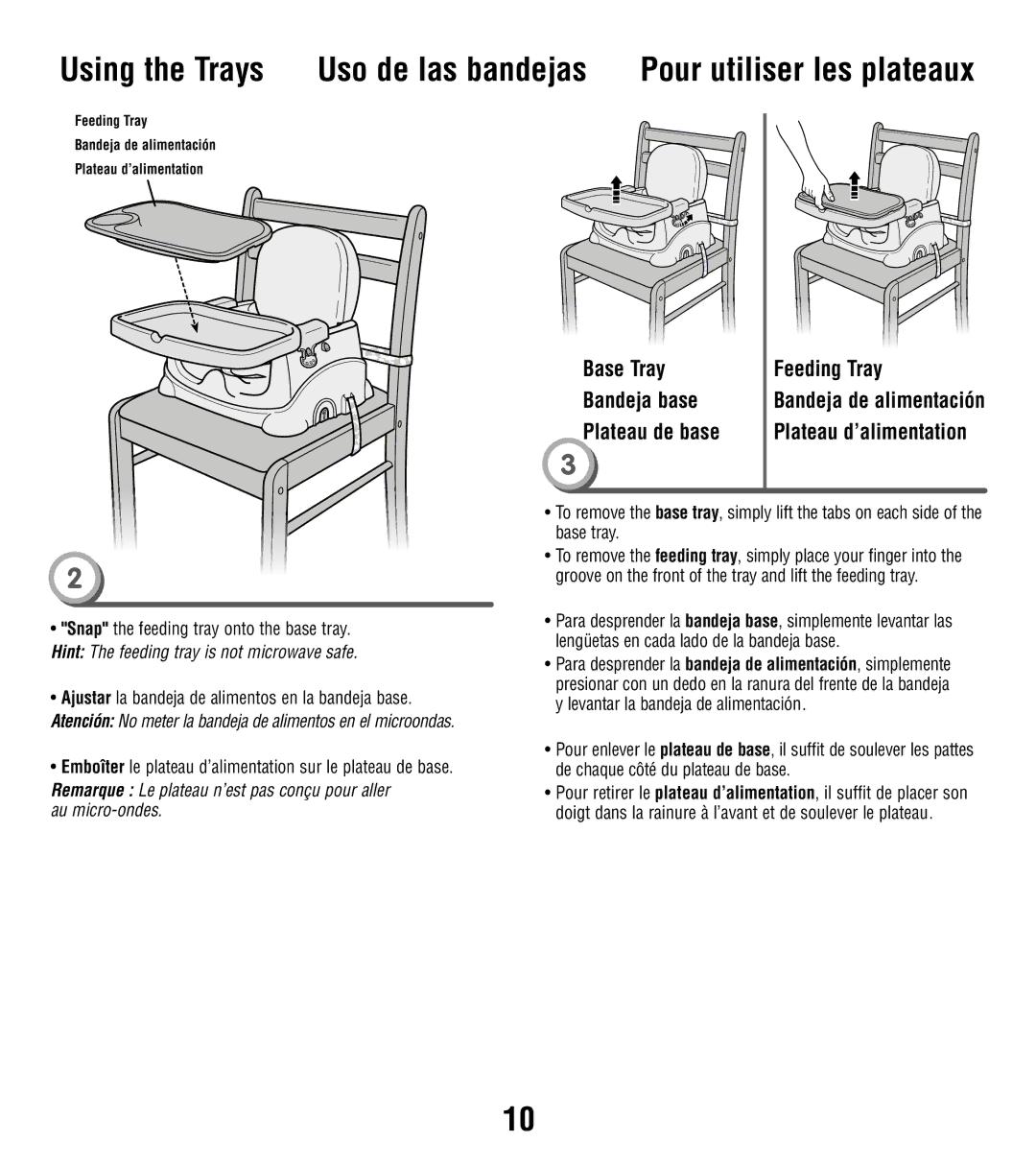 Fisher-Price X3179, W9431 instruction sheet Base Tray Feeding Tray Bandeja base 