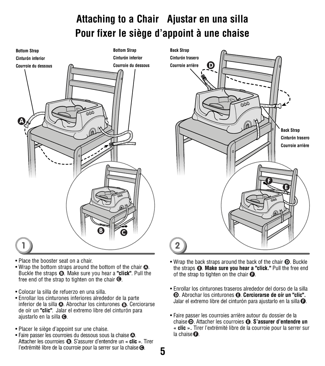 Fisher-Price W9431, X3179 instruction sheet Attaching to a Chair Ajustar en una silla 