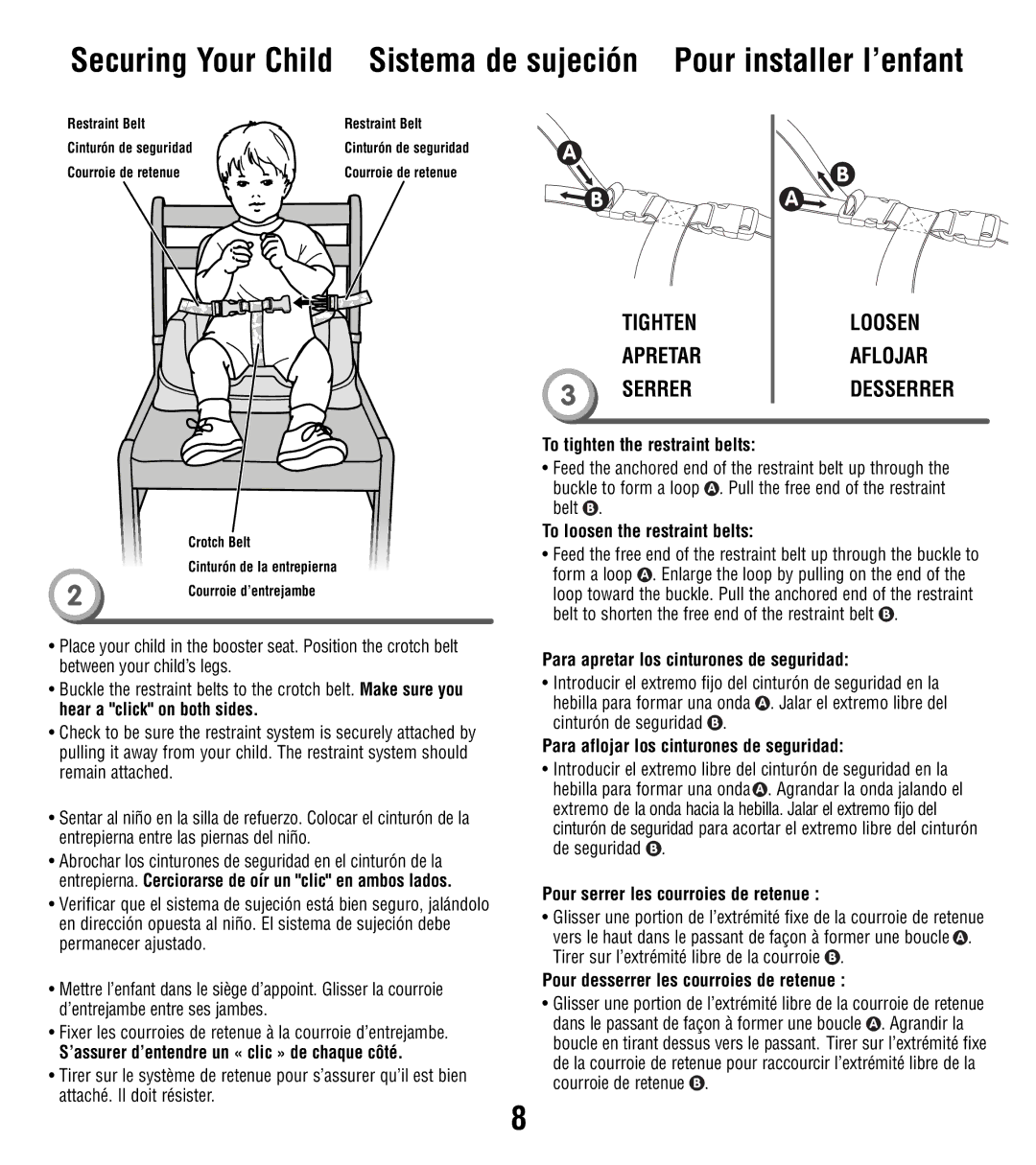 Fisher-Price X3179, W9431 instruction sheet Tighten Loosen Apretar Aflojar Serrer 