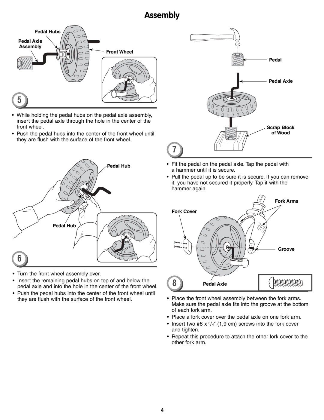 Fisher-Price X6020 instruction sheet Pedal Hubs Pedal Axle Assembly Front Wheel 