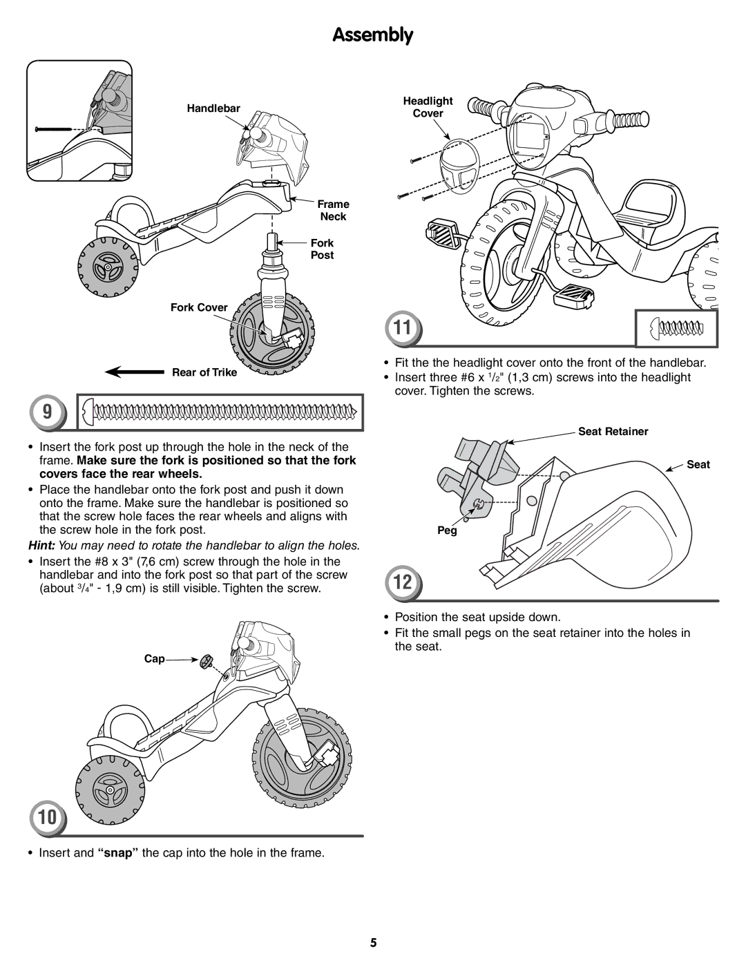 Fisher-Price X6020 instruction sheet Hint You may need to rotate the handlebar to align the holes 