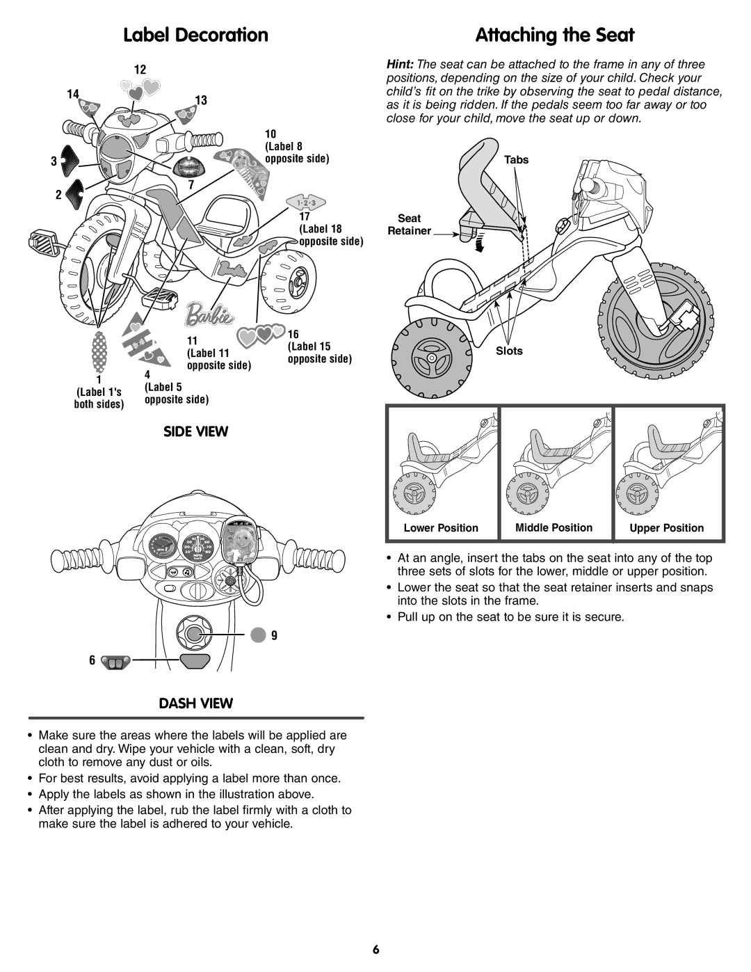 Fisher-Price X6020 instruction sheet Label Decoration, Attaching the Seat, Side View Dash View, 1413 