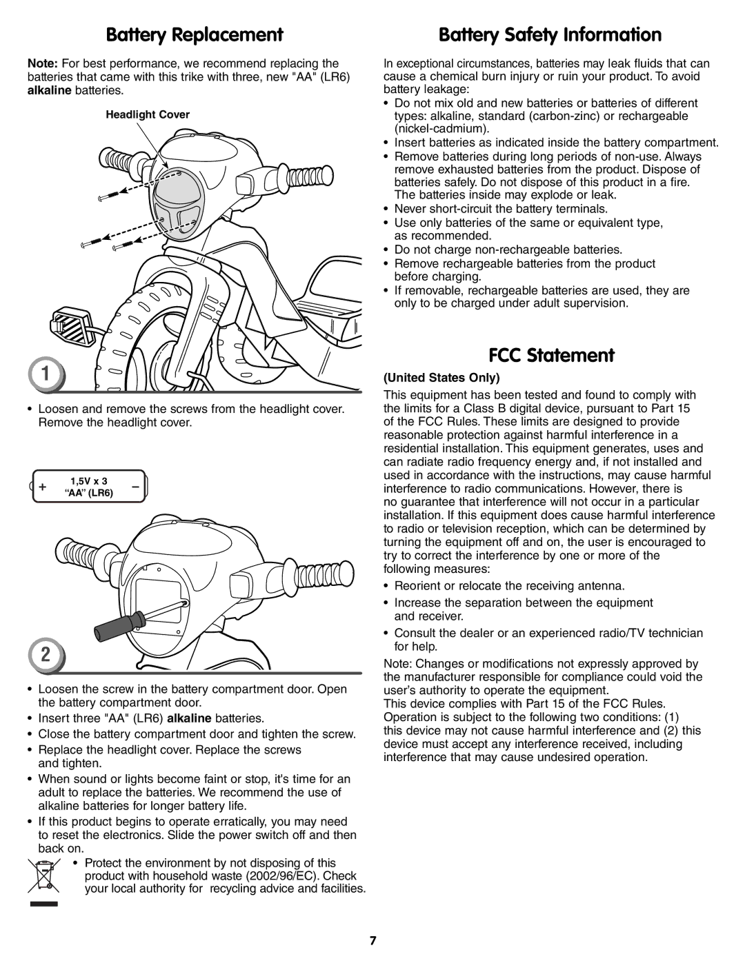 Fisher-Price X6020 instruction sheet Battery Replacement, FCC Statement, Battery Safety Information, United States Only 