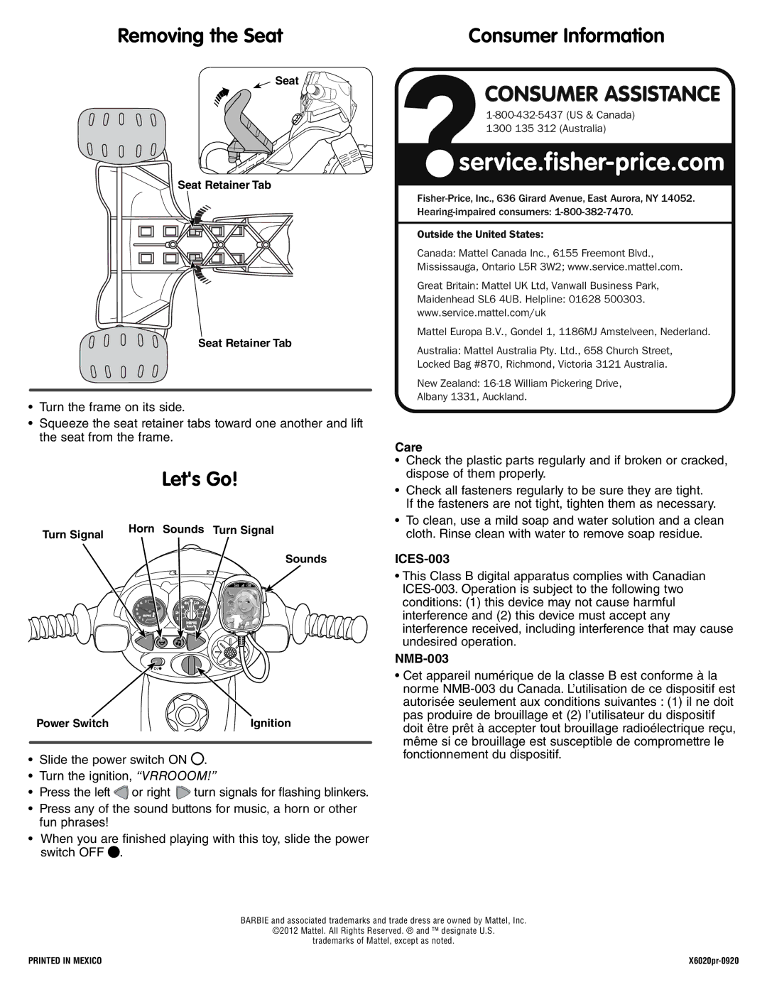 Fisher-Price X6020 instruction sheet Removing the Seat, Lets Go, Care, ICES-003, NMB-003 