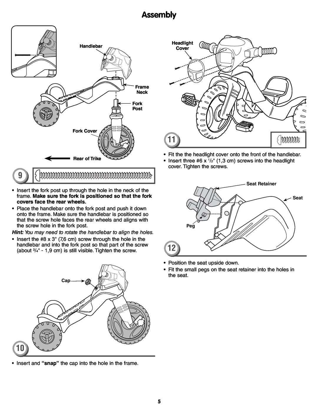 Fisher-Price X6020 instruction sheet Hint You may need to rotate the handlebar to align the holes, Assembly 