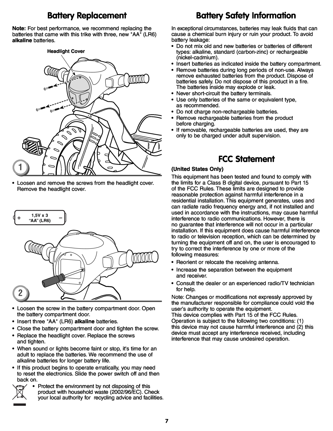 Fisher-Price X6020 instruction sheet Battery Replacement, FCC Statement, Battery Safety Information, United States Only 