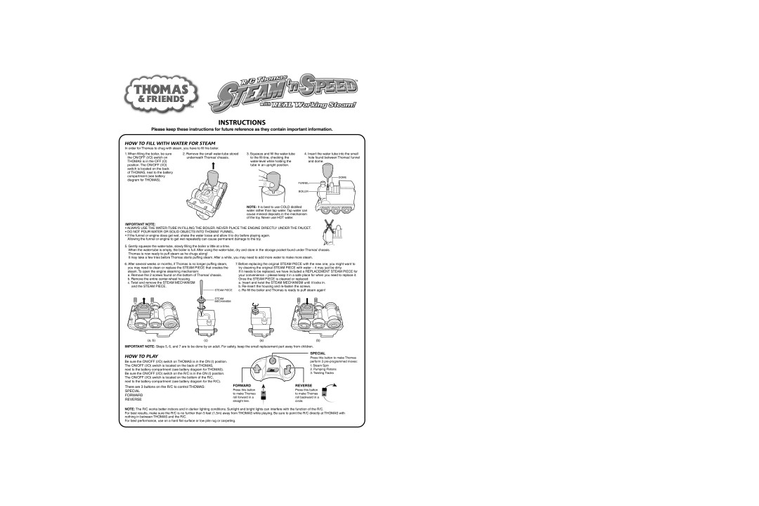 Fisher-Price T3431, X8530 manual HOW to Fill with Water for Steam, HOW to Play, Special, Forward Reverse 