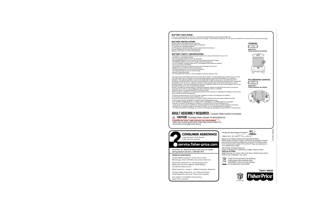 Fisher-Price X8530, T3431 manual Battery Save Mode, Battery Installation, Thomas, Battery Safety Information 