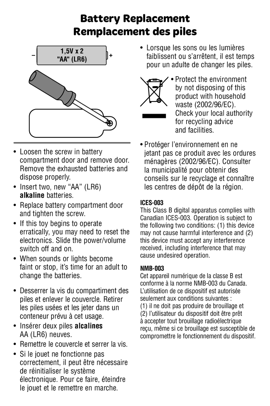 Fisher-Price Y6969 manual Battery Replacement Remplacement des piles, Facilities, ICES-003, NMB-003 