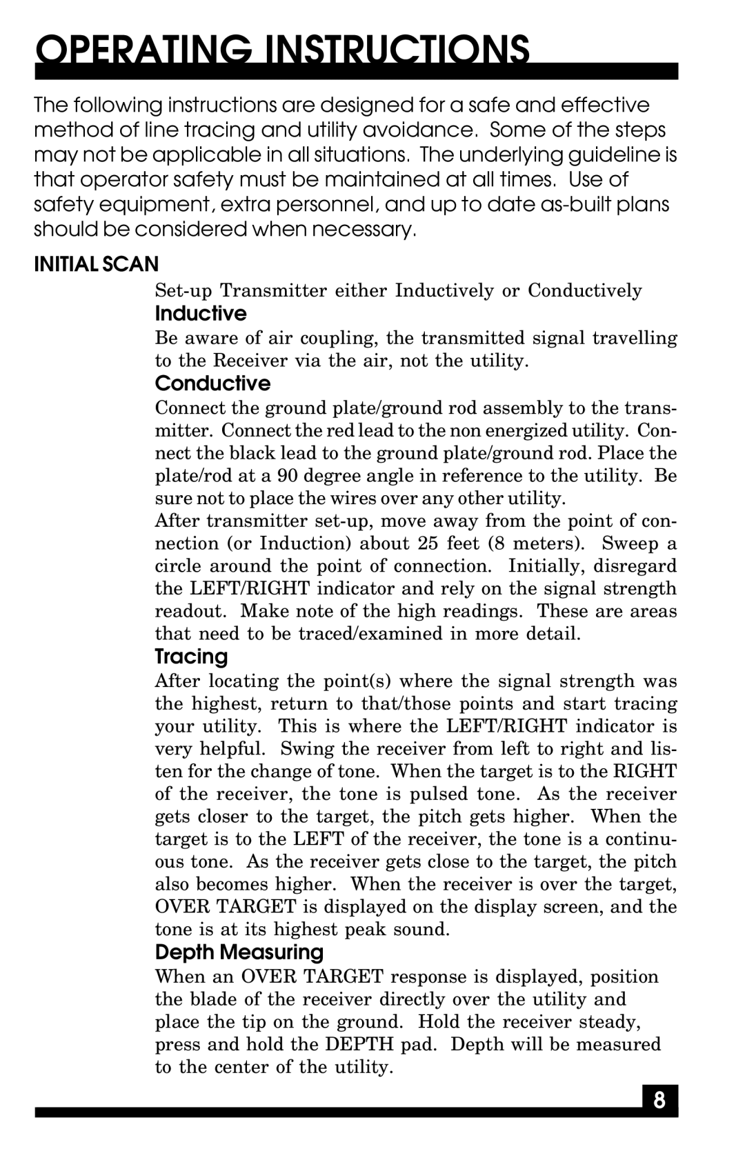 Fisher TW-7700 manual Operating Instructions, Inductive, Conductive, Tracing, Depth Measuring 