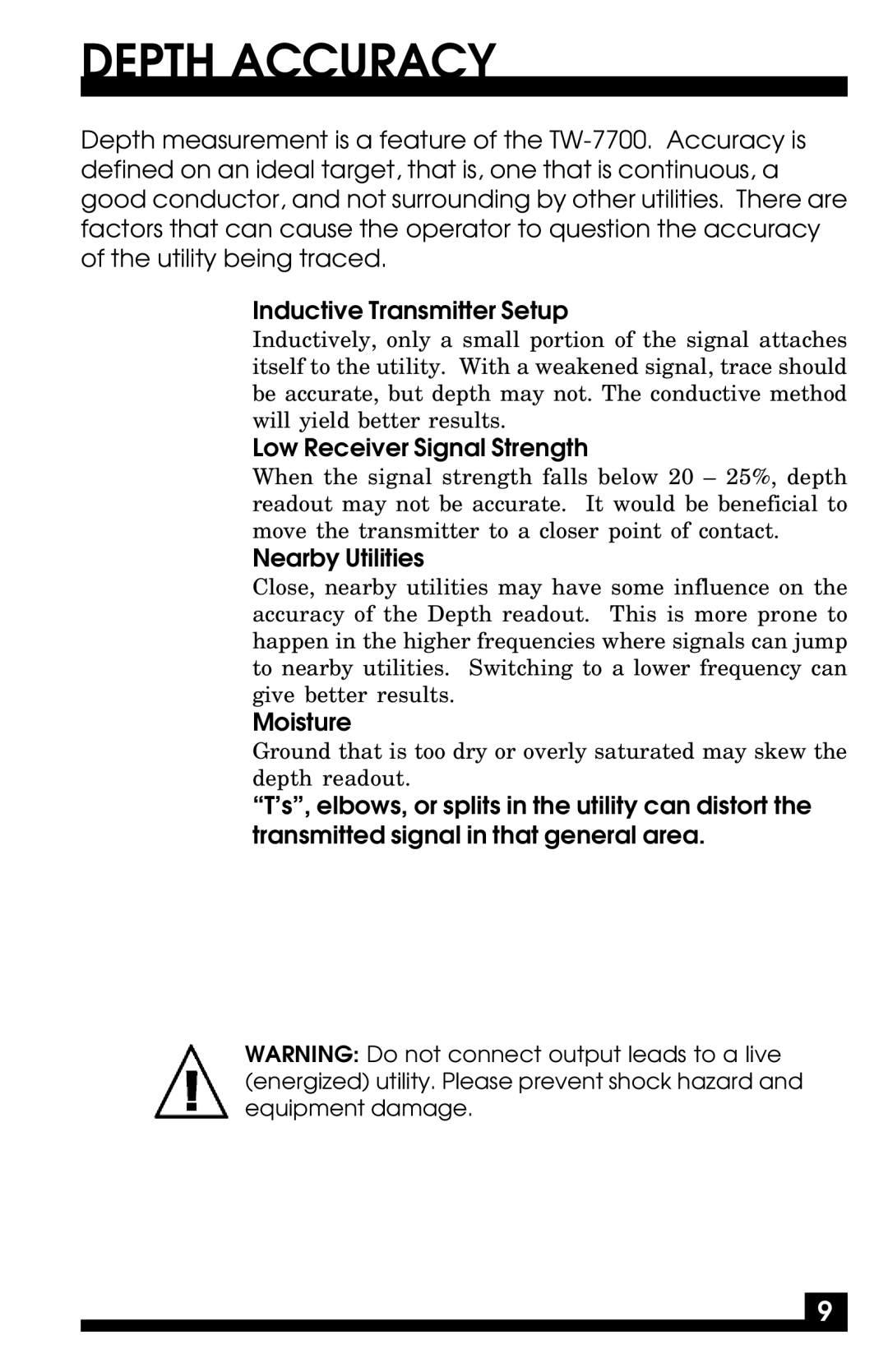 Fisher TW-7700 manual Depth Accuracy, Low Receiver Signal Strength, Nearby Utilities, Moisture 