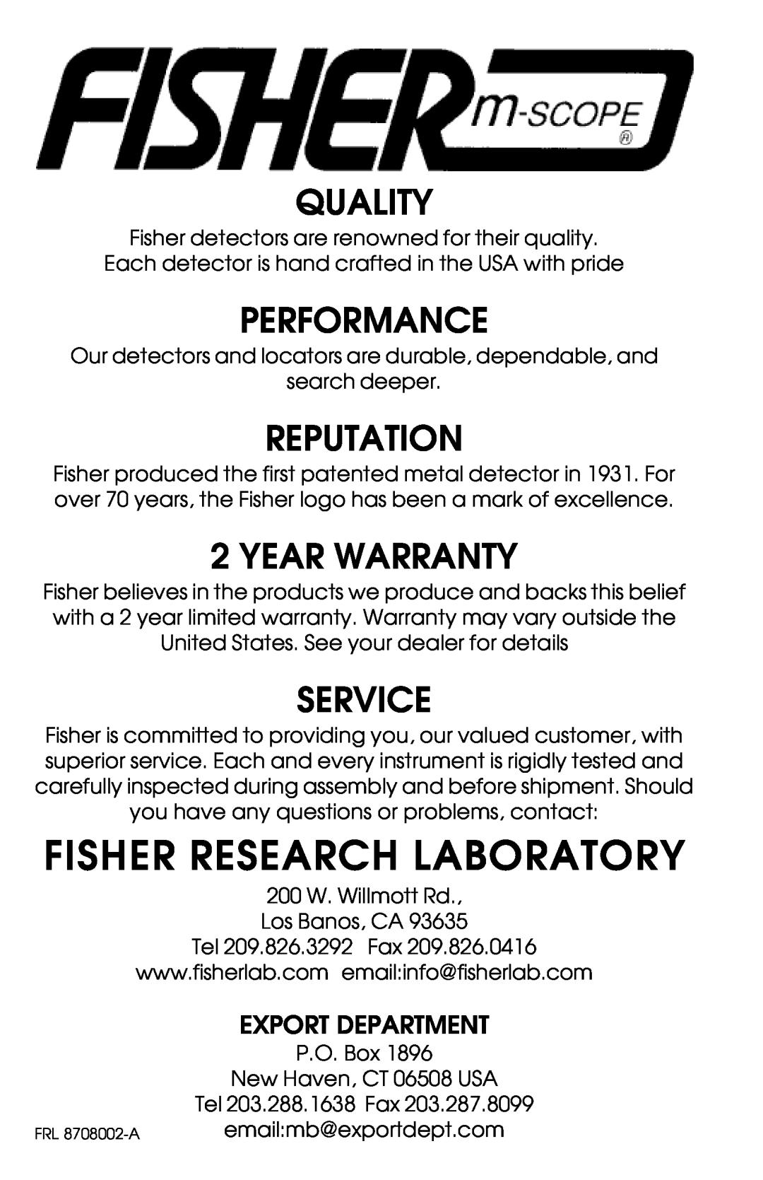 Fisher TW-7700 Fisher Research Laboratory, Quality, Performance, Reputation, Year Warranty, Service, Export Department 