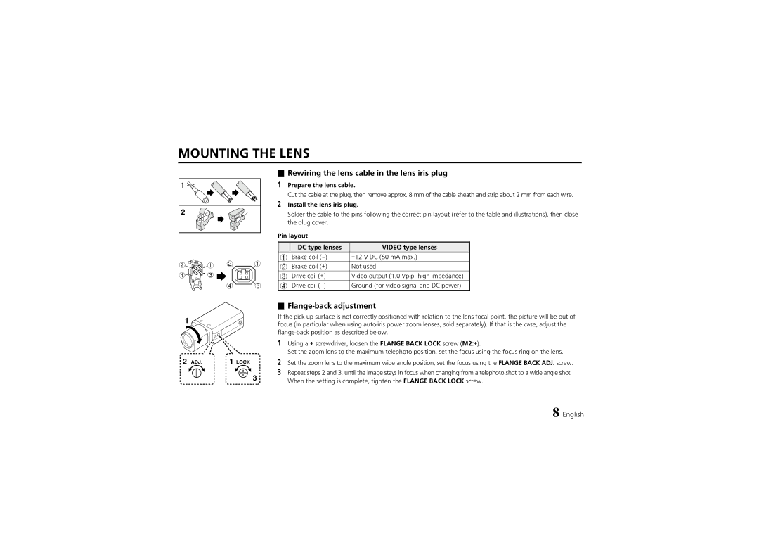 Fisher VCB-3424 instruction manual Mounting the Lens, Rewiring the lens cable in the lens iris plug, Flange-back adjustment 