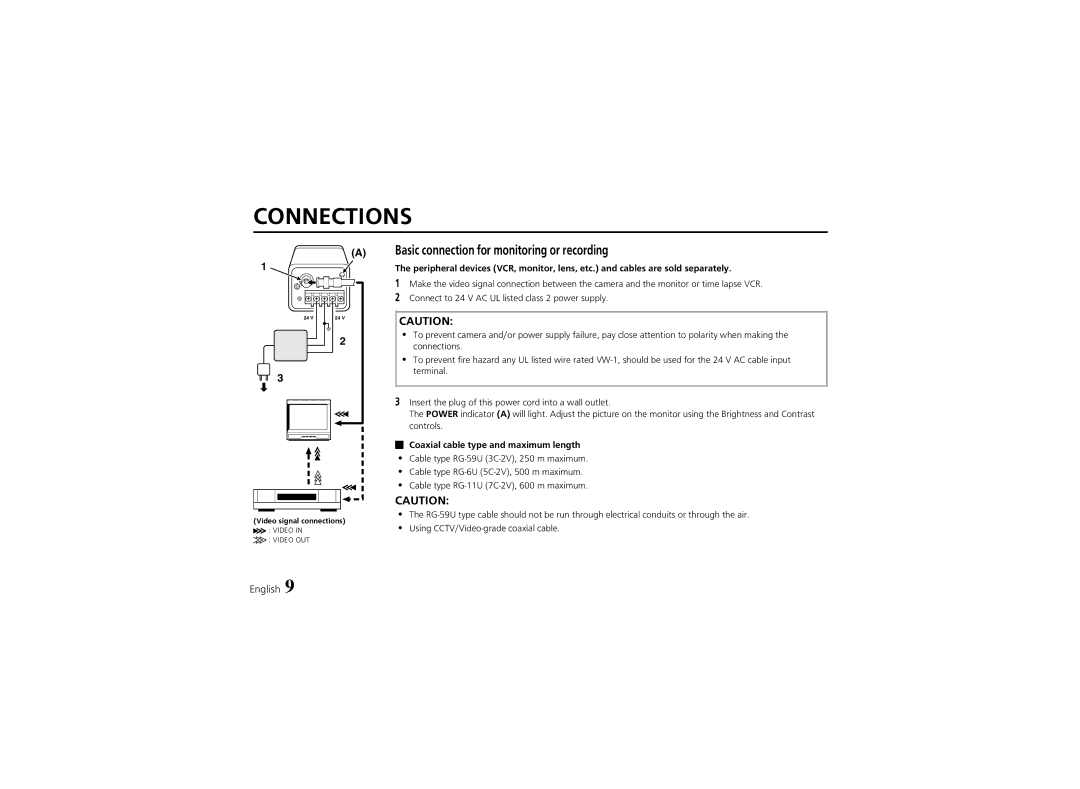 Fisher VCB-3424 instruction manual Connections, Coaxial cable type and maximum length 